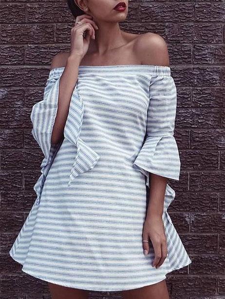 Romwe Grey Striped Ruffle Sleeve Off The Shoulder Dress