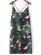 Romwe Green Leaves Printed Spaghetti Strap Criss Cross Dress