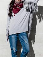 Romwe Long Sleeve Fringe Grey T-shirt