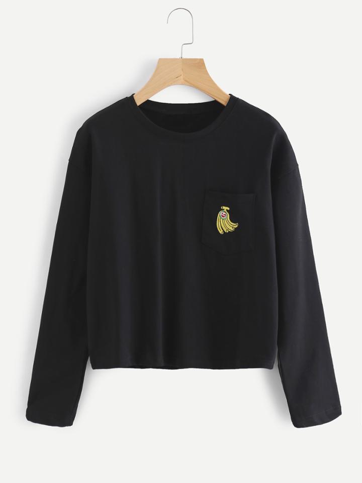 Romwe Banana Embroidered Pocket Tee