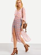 Romwe Multicolor Print Three Quarter Sleeve Split Dress