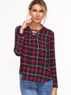 Romwe Tartan Plaid Lace Up Blouse