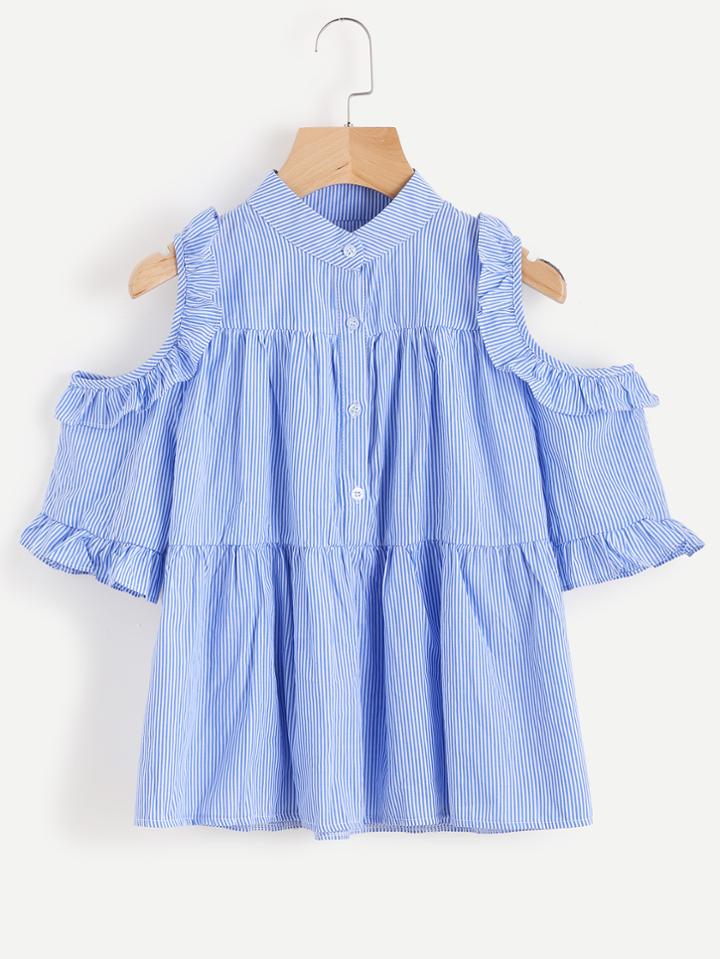 Romwe Open Shoulder Pinstripe Frill Trim Top