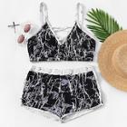 Romwe Plus Marble Print Criss-cross Top With Shorts Bikini