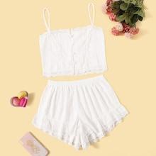 Romwe Contrast Lace Button-up Cami Top & Shorts Pj Set