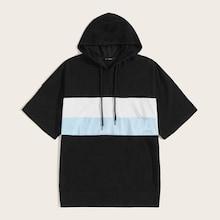 Romwe Guys Drop Shoulder Cut-and-sew Drawstring Hoodie