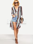 Romwe Vertical Stripe Split Side Button Down Dress
