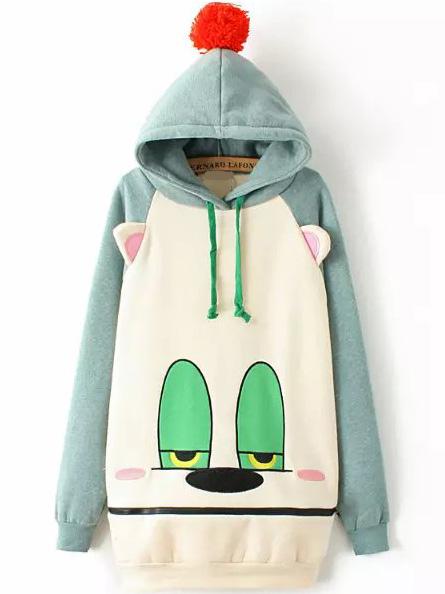 Romwe Hooded Drawstring Eye Print Beige Sweatshirt