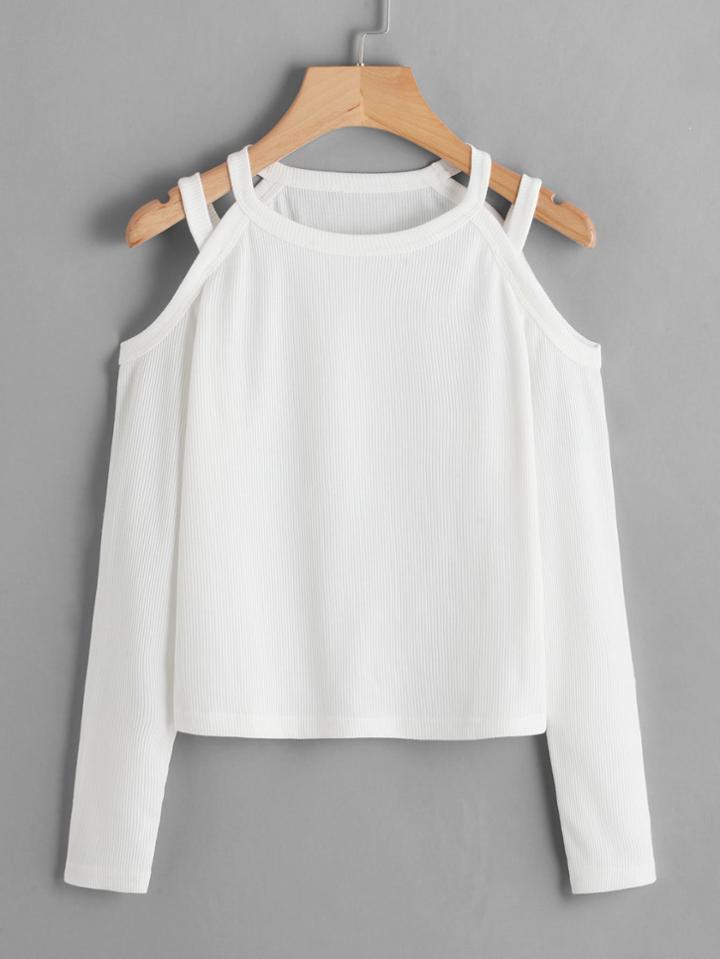 Romwe Cold Shoulder Ribbed Tee