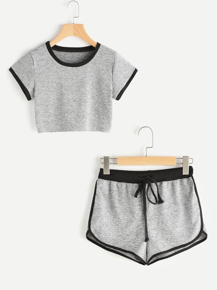Romwe Ringer Crop Tee With Contrast Dolphin Hem Shorts