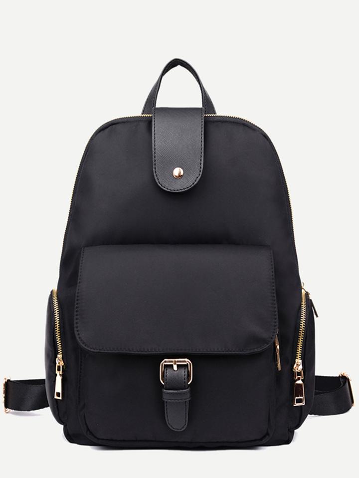 Romwe Black Nylon Front Pocket Zip Closure Backpack