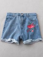 Romwe Blue Pockets Fringe Embroidery Denim Shorts