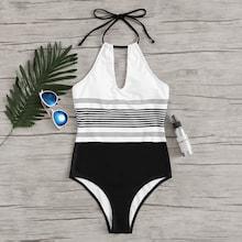Romwe Striped Cut-out Halter One Piece Swim