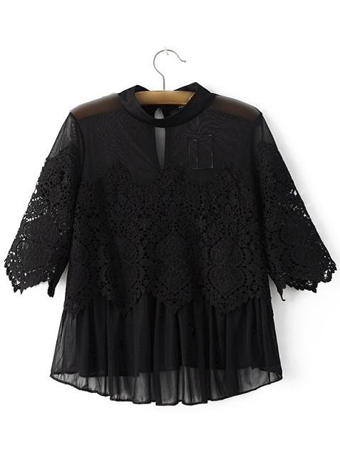 Romwe Black Grenadine Lace Key Hole Back Blouse