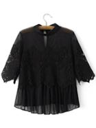 Romwe Black Grenadine Lace Key Hole Back Blouse