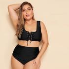 Romwe Plus Lace-up Top With High Waist Bikini