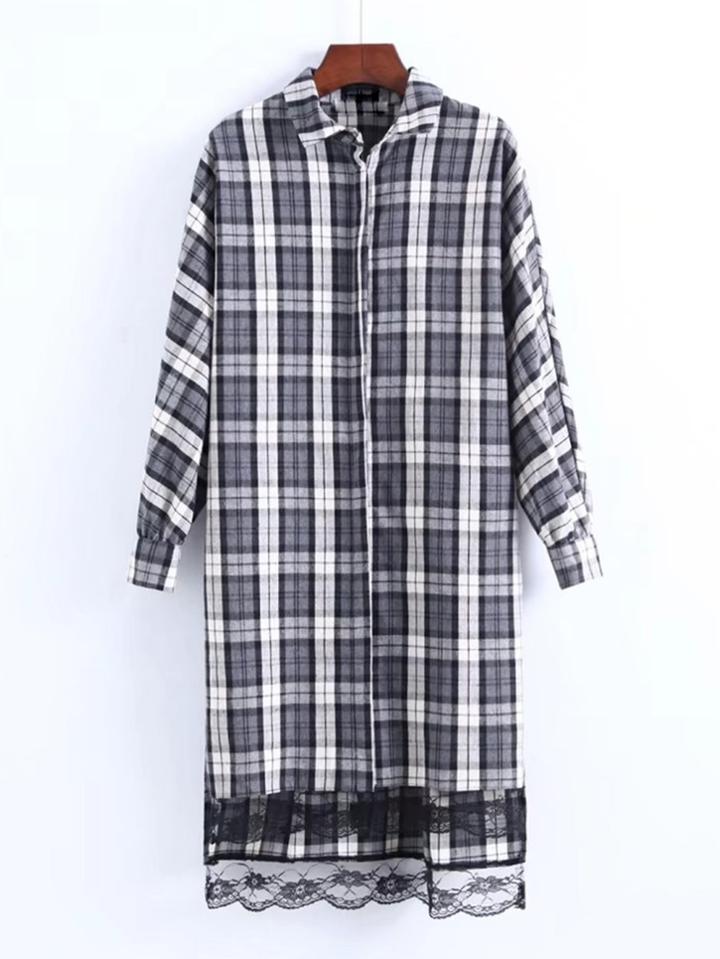 Romwe Lace Hem Plaid Shirt Dress