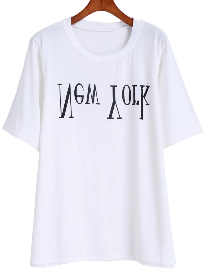 Romwe White Short Sleeve New York Print T-shirt