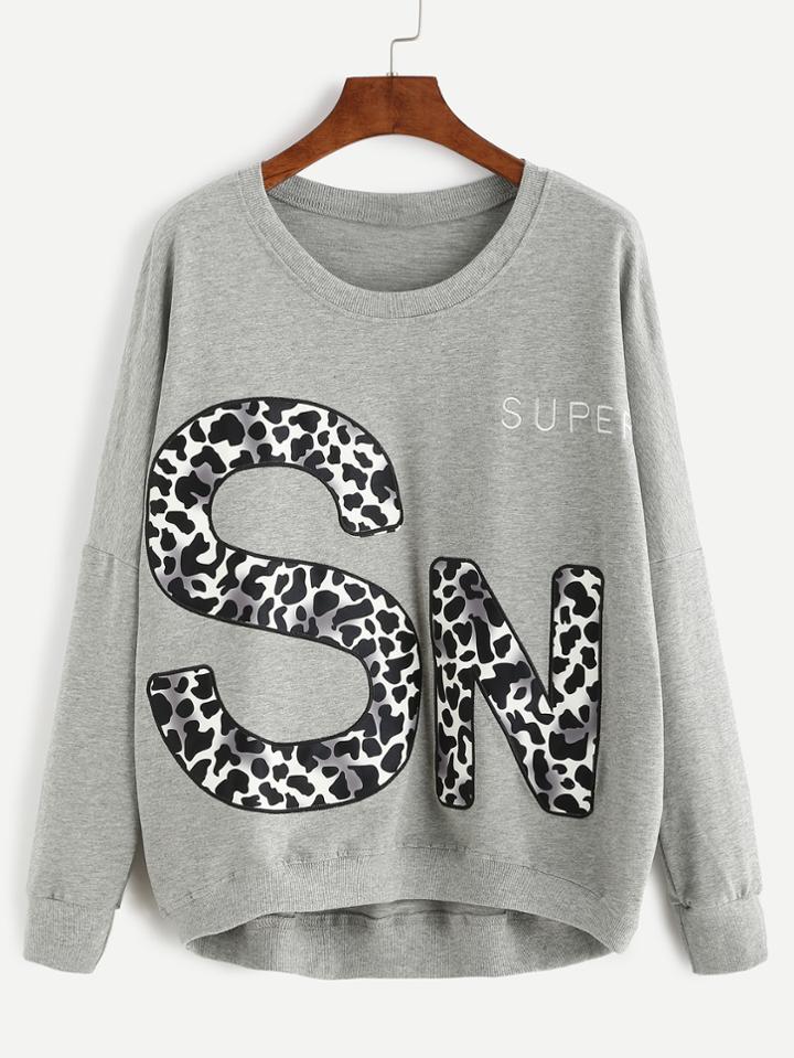 Romwe Grey Letter Print Drop Shoulder Dip Hem Sweatshirt