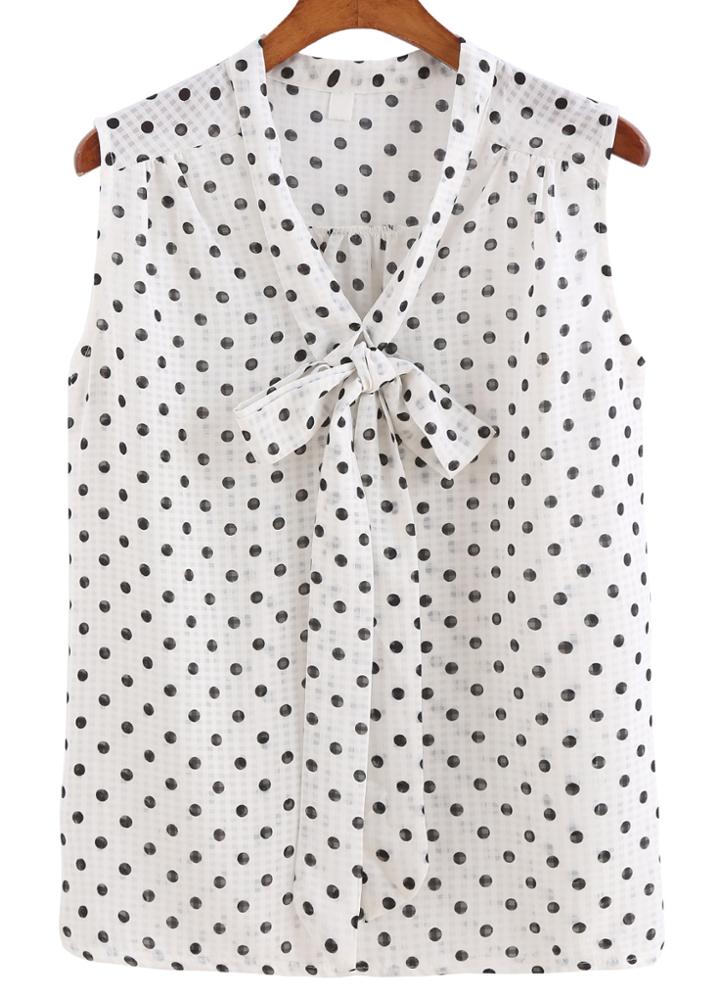 Romwe V Neck Bow Polka Dot White Tank Top