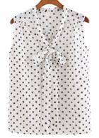 Romwe V Neck Bow Polka Dot White Tank Top