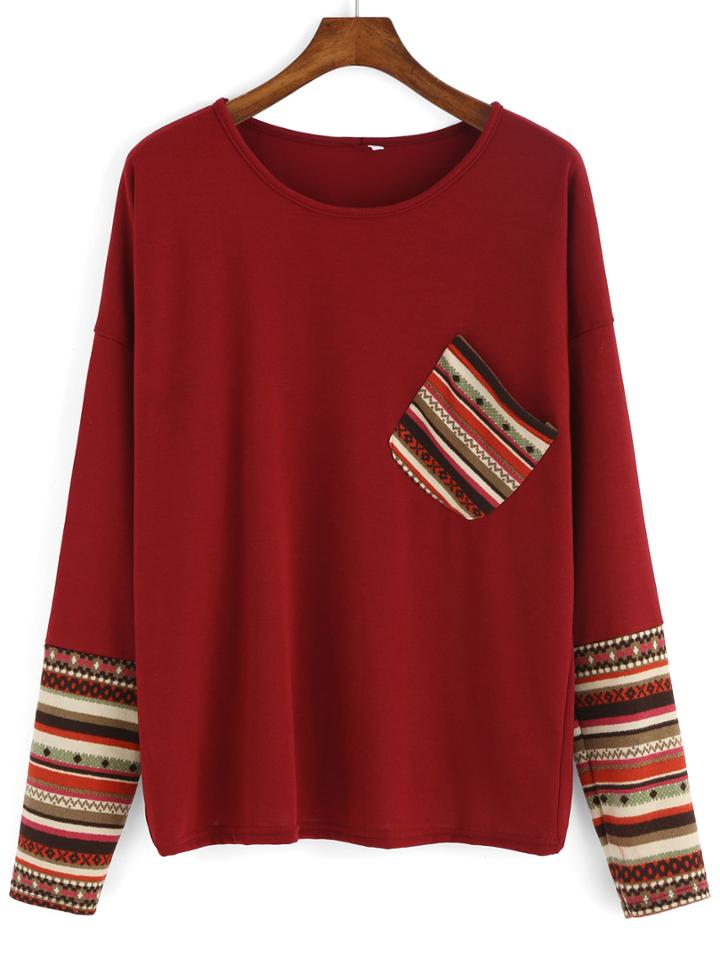 Romwe Contrast Sleeve Pocket Loose T-shirt