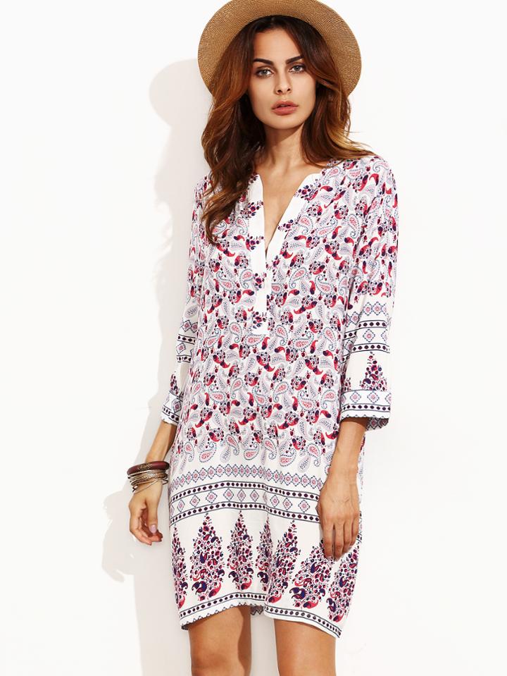 Romwe White Paisley Print Half Placket Tunic Dress