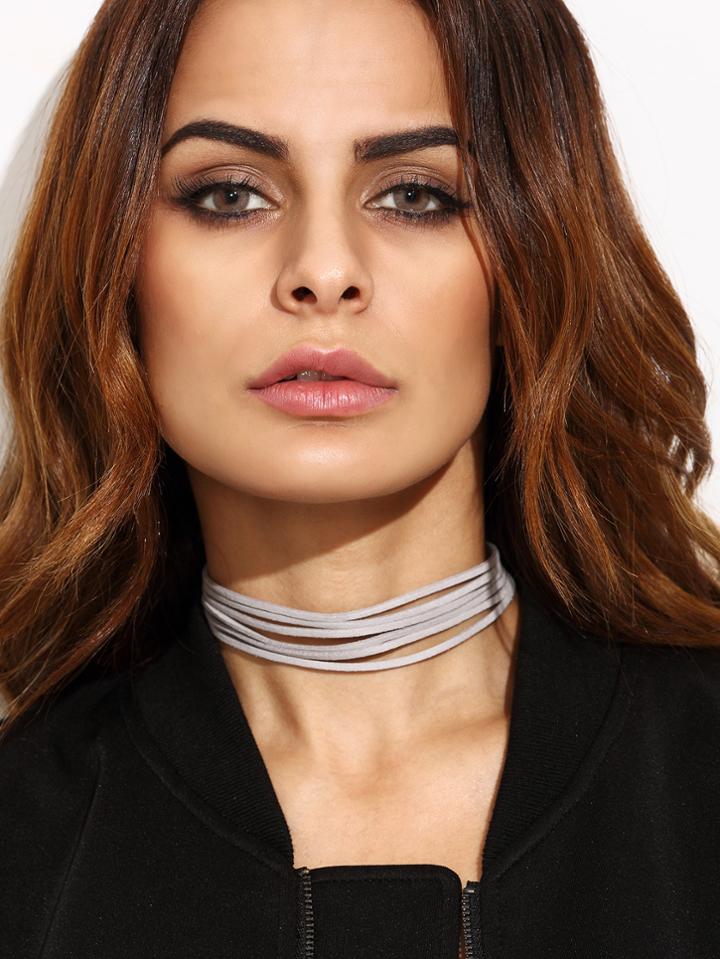 Romwe Grey Multi Strand Cord Choker Necklace