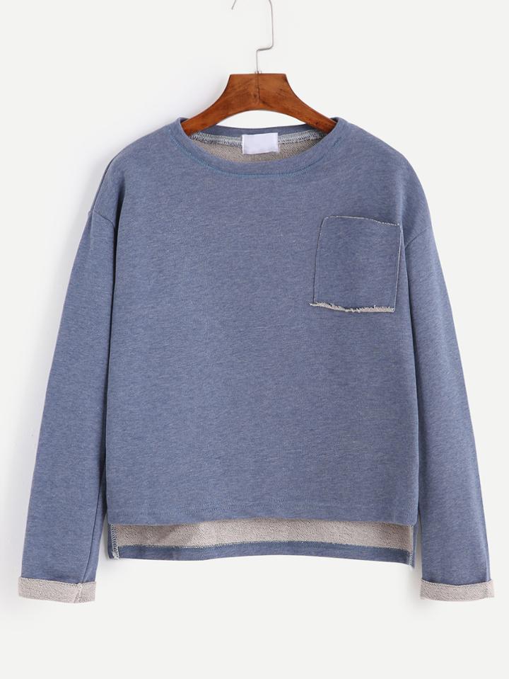 Romwe Blue High Low Pocket Cuffed T-shirt