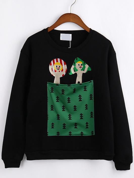 Romwe Cartoon Embroidered Patch Pocket Black Sweatshirt
