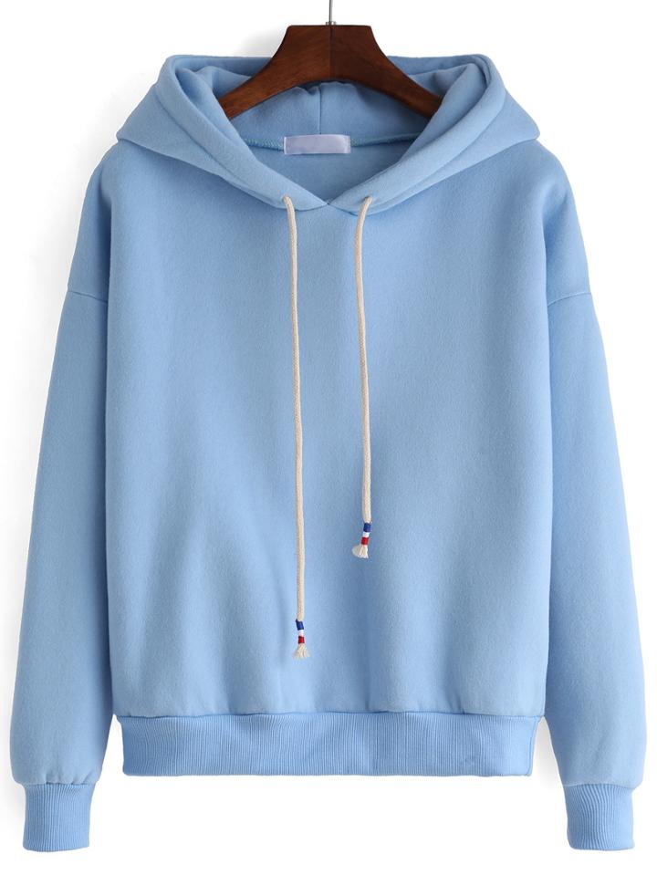 Romwe Hooded Drawstring Loose Blue Sweatshirt