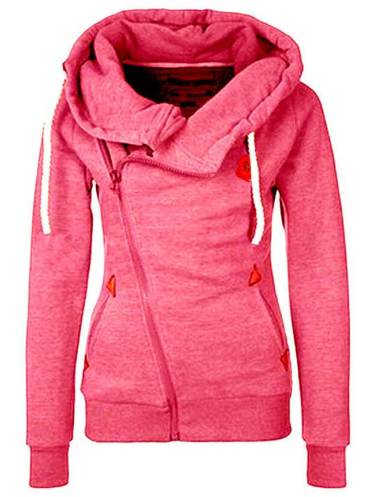 Romwe Hooded Oblique Zipper Loose Pink Sweatshirt