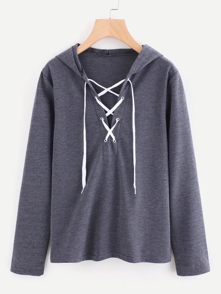 Romwe Eyelet Lace Up Hooded T-shirt