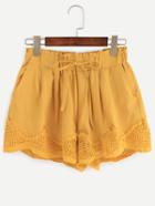 Romwe Yellow Drawstring Waist Scalloped Lace Trimmed Shorts