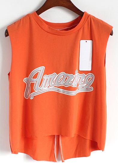 Romwe Dip Hem Letter Print Orange Tank Top