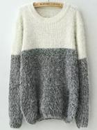 Romwe White Grey Round Neck Shaggy Knit Sweater