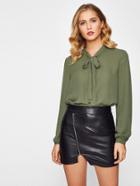 Romwe Bow Tie Neck Button Up Blouse