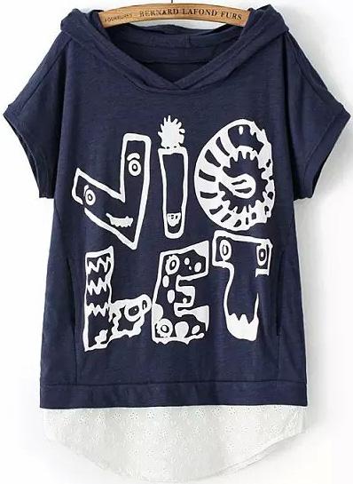 Romwe Hooded Letter Print Lace Hem Navy T-shirt