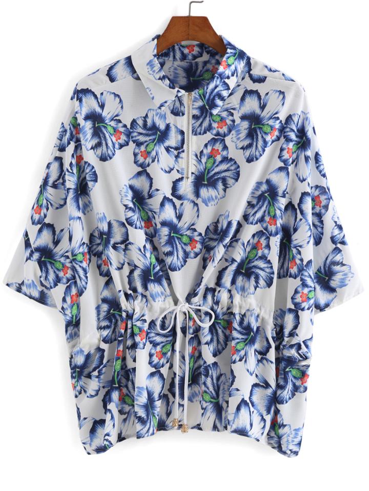 Romwe Lapel With Zipper Floral Print Coat