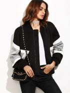 Romwe Black Contrast Panel Zip Up Bomber Jacket