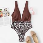 Romwe Leopard Print Ruched Deep Plunge One Piece Swimsuit
