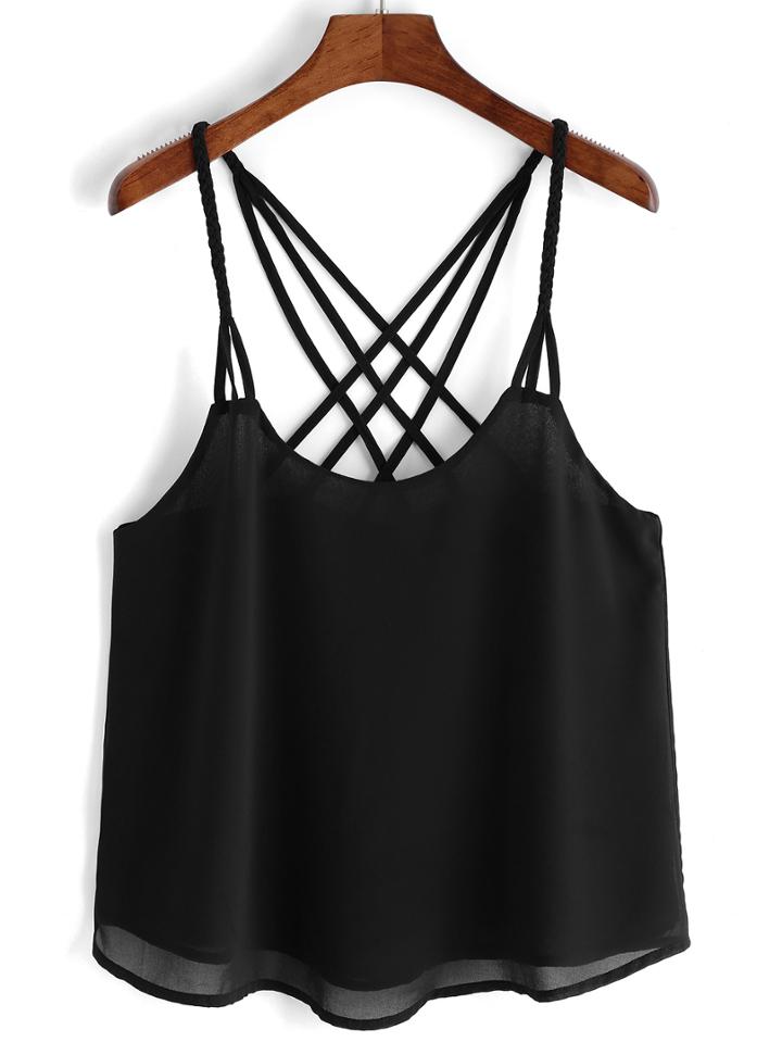 Romwe Black Spaghetti Strap Chiffon Cami Top
