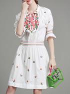 Romwe White Tie Neck Bell Sleeve Embroidered Dress