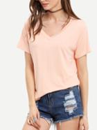 Romwe Light Pink V Neck Casual T-shirt