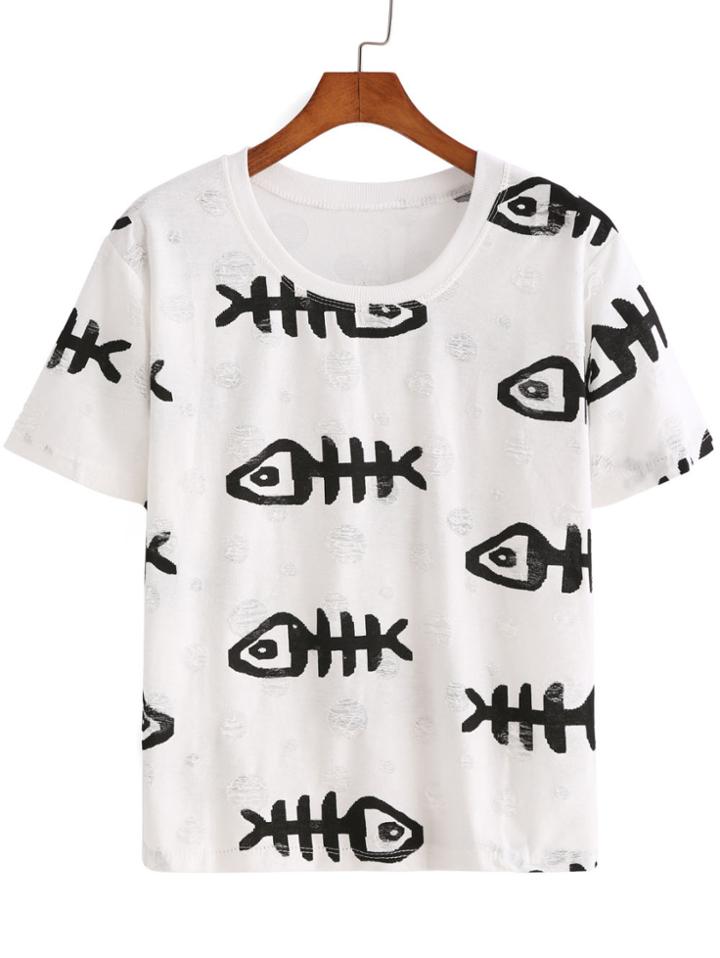 Romwe Fish Bone Print Ripped T-shirt
