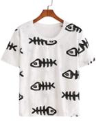 Romwe Fish Bone Print Ripped T-shirt
