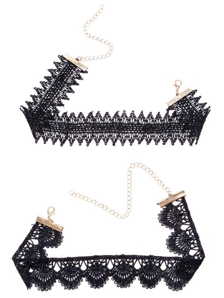 Romwe Black Floral Geometric Lace Choker Necklace Set