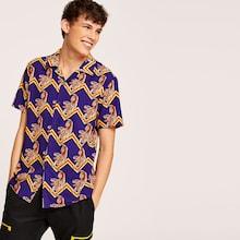 Romwe Guys Button Up Notched Tiger Print Shirt