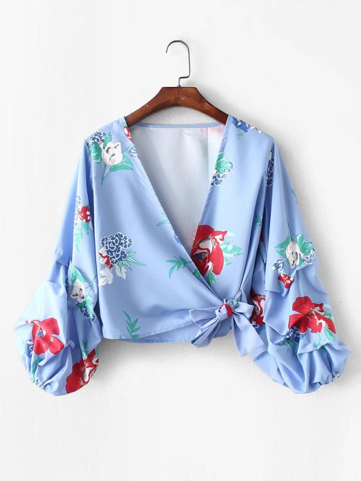 Romwe Ruched Sleeve Surplice Blouse