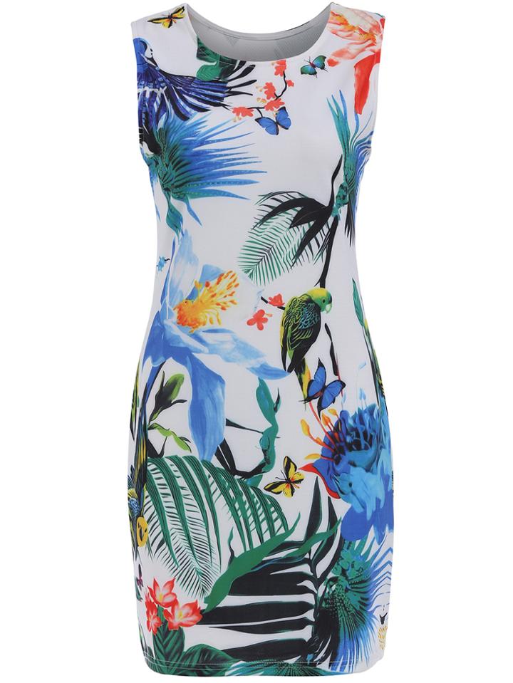 Romwe Sleeveless Tropicals Print Slim Dress